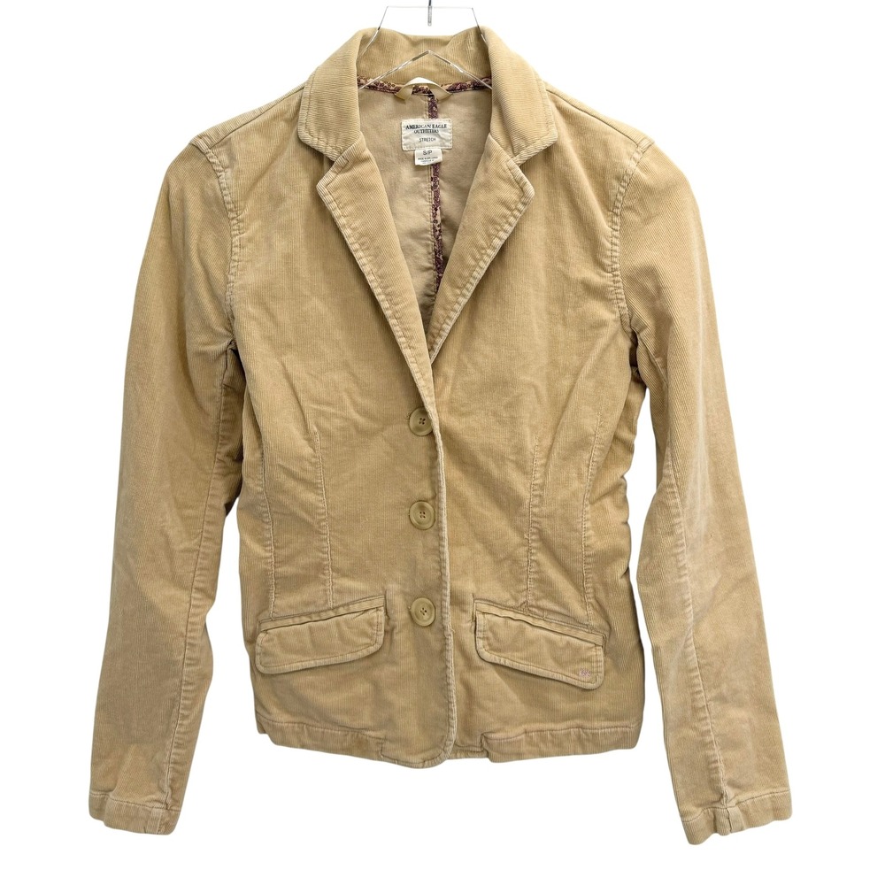 Y2K American Eagle Corduroy Blazer Jacket Size S Preppy Academia Stretch Tan